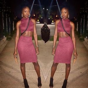 2 Piece Burgundy Ribbed Top and Skirt Set