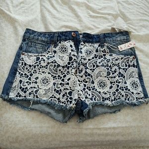 Forever 21 lace applique distressed denim shorts