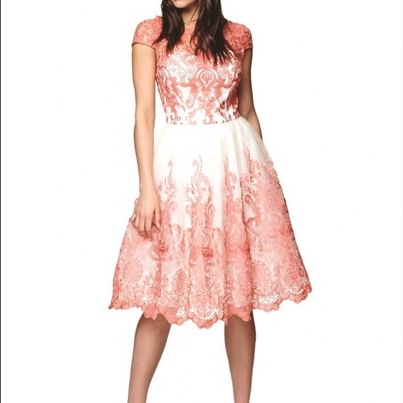 Coral & cream cocktail dress tea dress cap sleeve