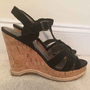 Faux black suede and cork wedges