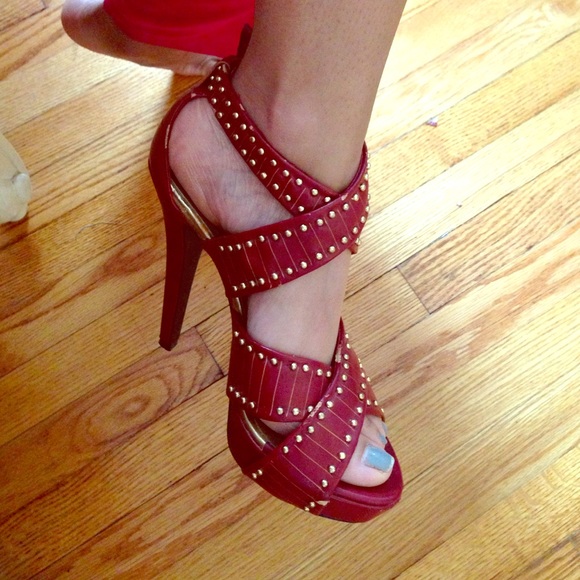 Gold Studded Red Strappy Platform Heels