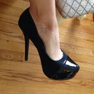 Black Suede and Patent Leather Platform Pumps