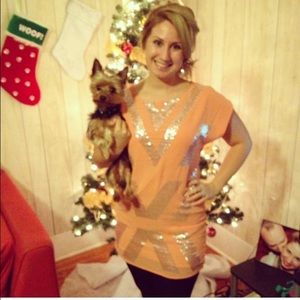 Coral and silver sequence dress