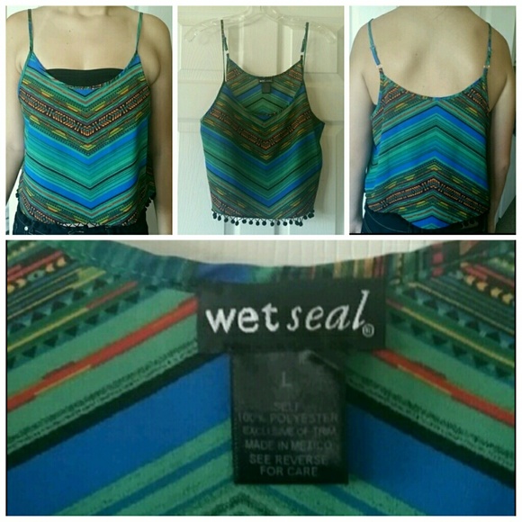 Tribal cropped tank with dangling ball tassels