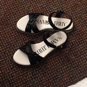 Black imitation leather sandals ~ worn only ONCE