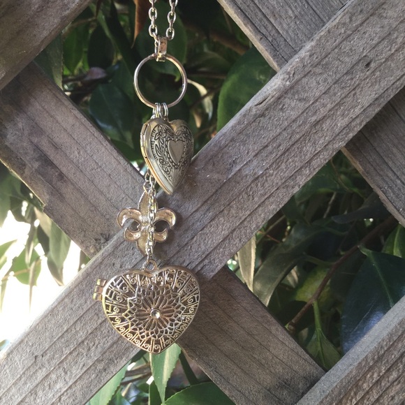 Long heart locket charm necklace