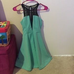 Blue skater dress with black mesh