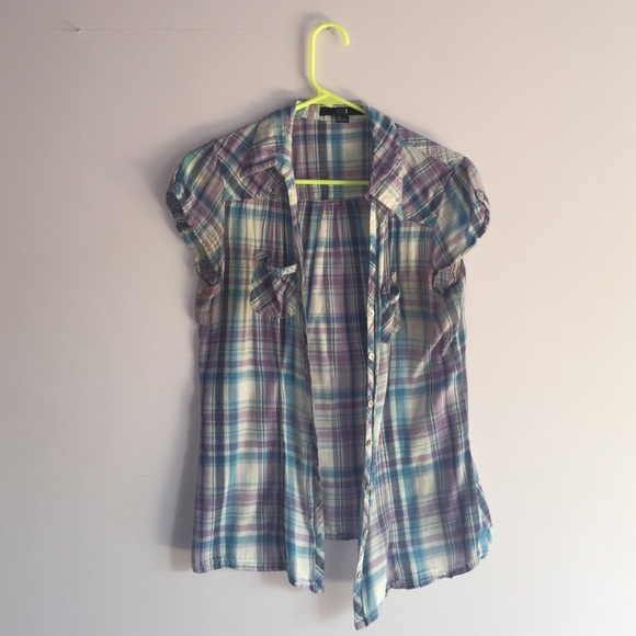 Short Sleeve Plaid Button Down Blue & Purple