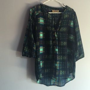 Artsy Blue Gold Plaid Shirt