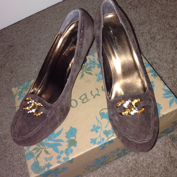 Brown Suede Heels with gold and gem accents