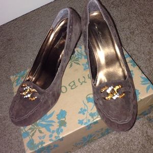 Brown Suede Heels with gold and gem accents