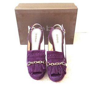Bebe. Purple Gwen stilettos. Fringe and chain top.