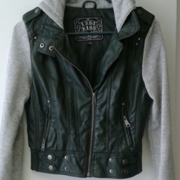 Olive green and gray zip up moto jacket