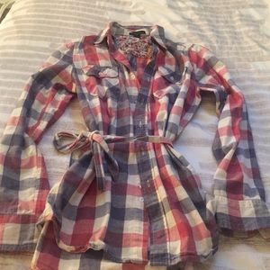 Plaid flannel tunic with waist tie