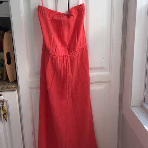 Strapless coral J. Crew summer maxi dress
