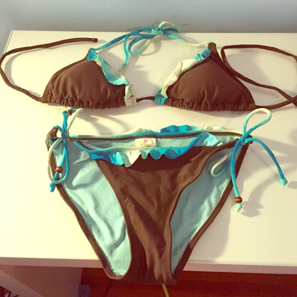 Brown, light blue/white ruffled trim bathing suit