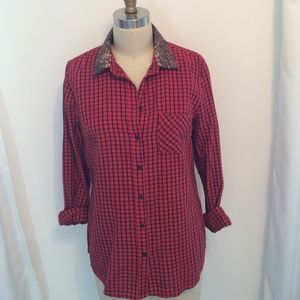 Red plaid button up with brown sequin collar