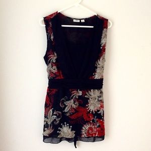 Sleeveless red and black chiffon top