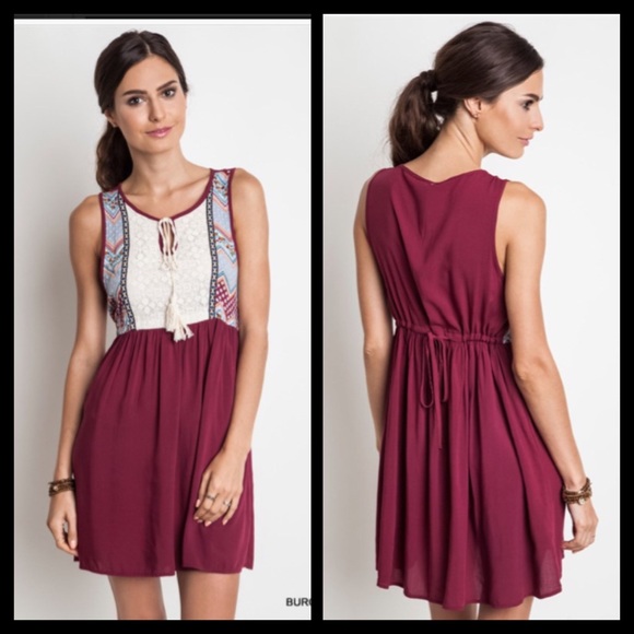 Maroon Boho Embroidered Top with Tie Back - Picture 2 of 2