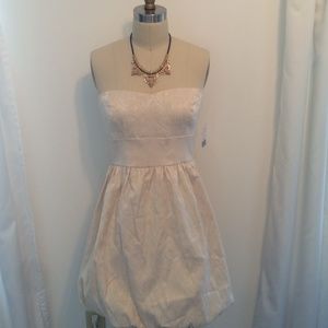 Metallic paisley print strapless bubble dress