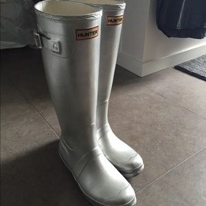 Silver tall Hunter rain boots