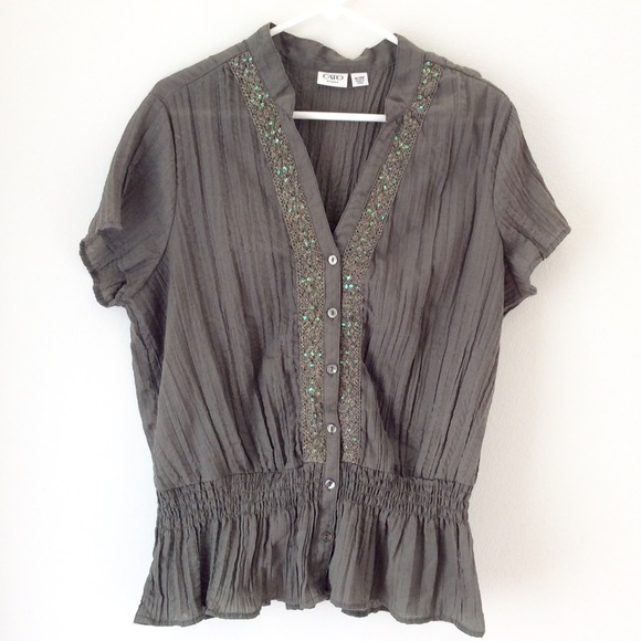 Green top, crinkly w/sequin embellishments