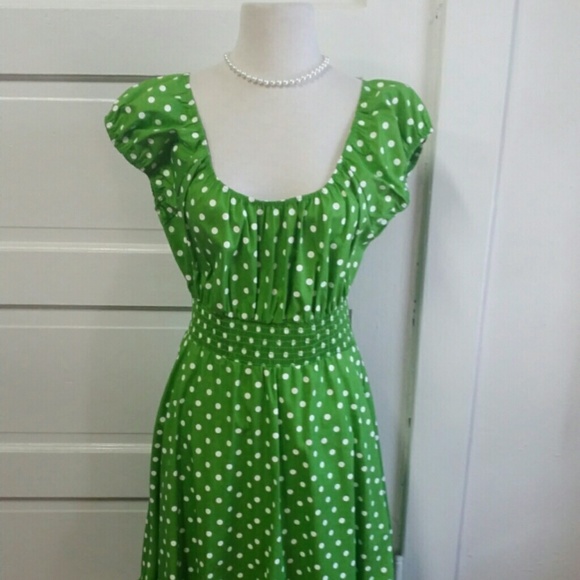 Green with white polka-dots dress