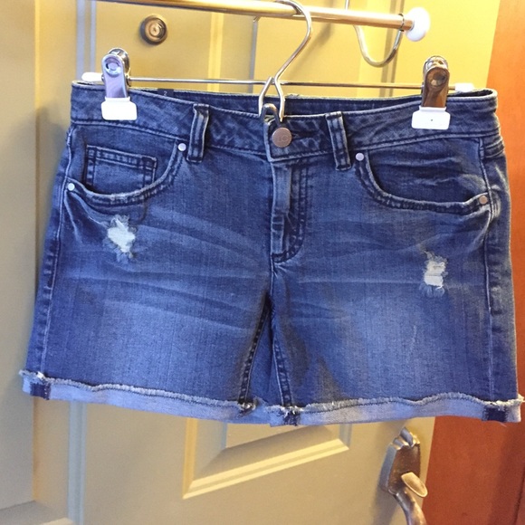 Distressed Denim Midi Shorts