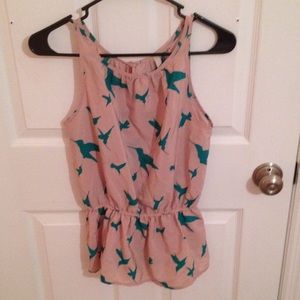 Light pink tank with teal hummingbird