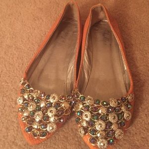 Orange rhinestones flat shoes