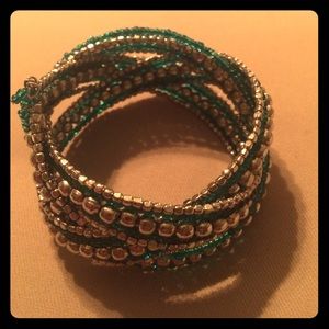 Emerald and silver beaded wrap bracelet