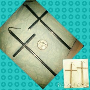 LONG, PEWTER COLOR CROSS EARRINGS!