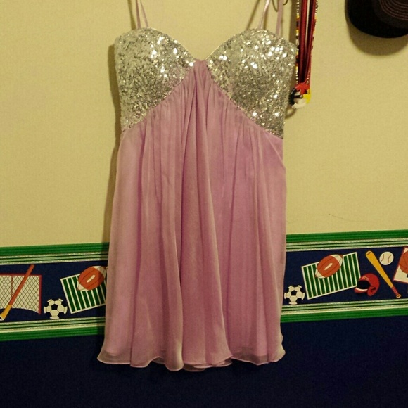 Purple sequenced La Femme short prom dress