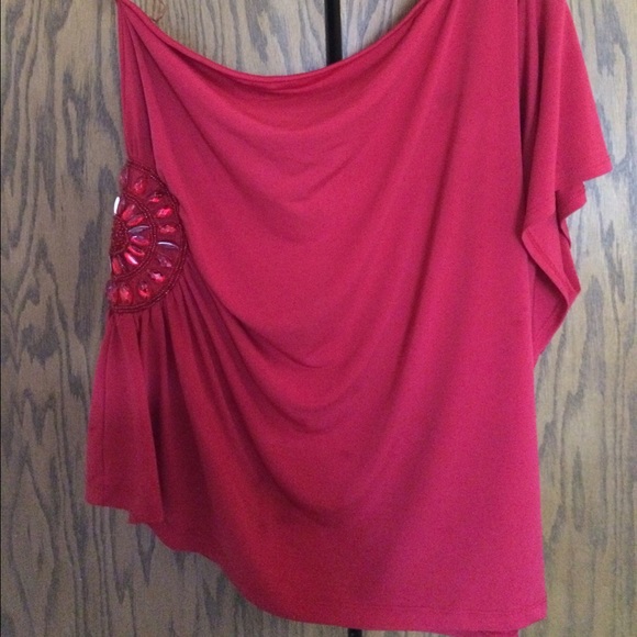 SIB! Lane Bryant red beaded one shoulder blouse - Picture 3 of 4