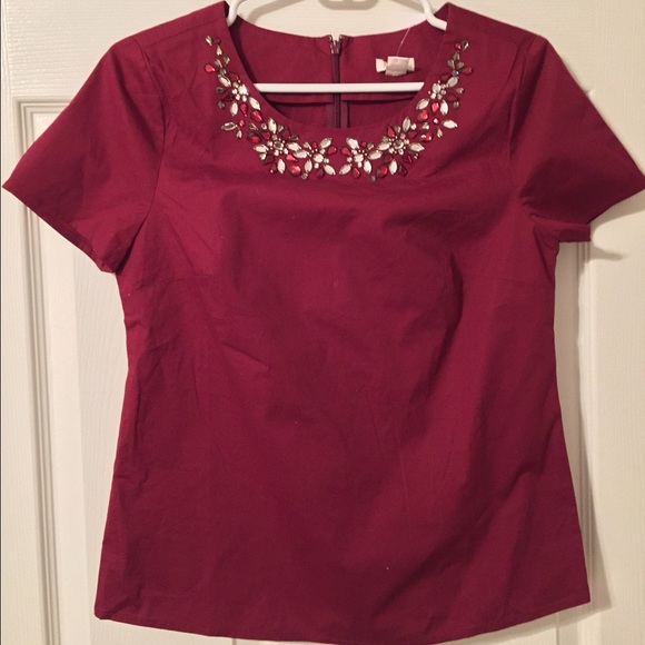 Jcrew maroon top with stone detail on neckline