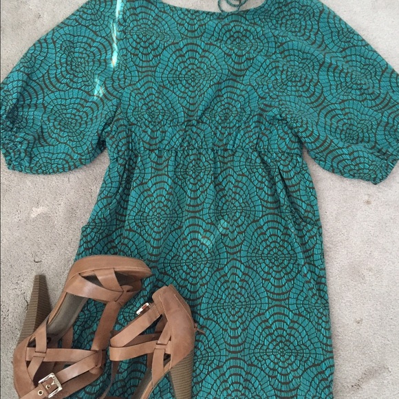 Turquoise and brown print dress