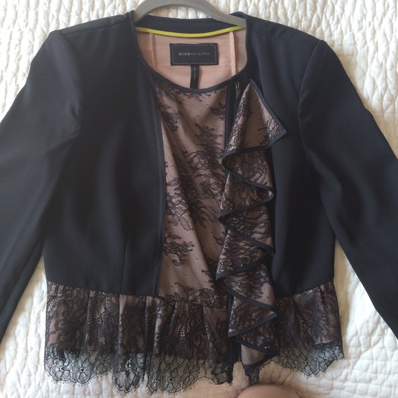 BCBG zip blazer with crop cut and lace detail.