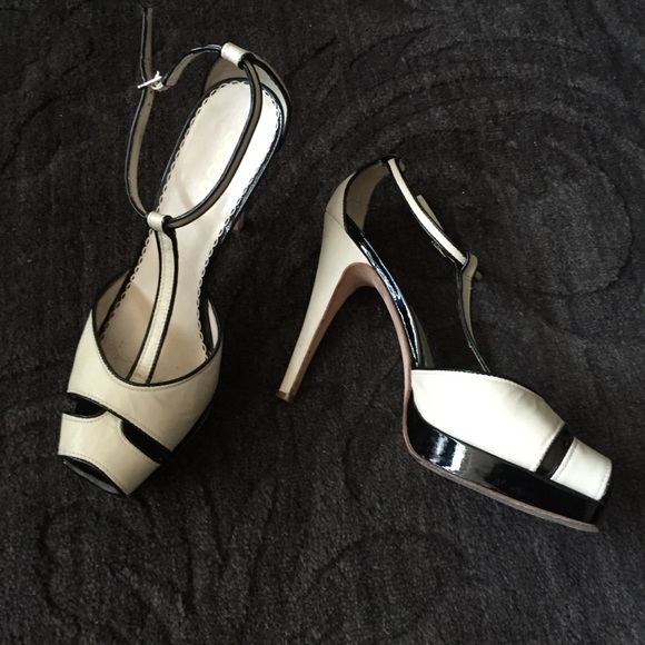 bebe Shoes - Bebe All Leather Beige and Black Peep Toe
