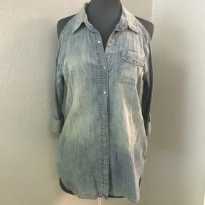 Chambray Cold Shoulder Button Up