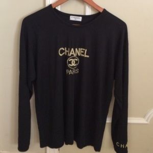 Chanel black embroidered long sleeve top tee shirt
