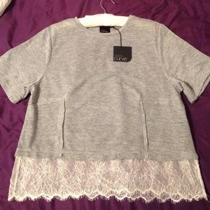 Gray ASOS CURVE Top with Sheer Lace Hem