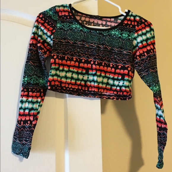 Turquoise, coral and black long sleeve crop top!