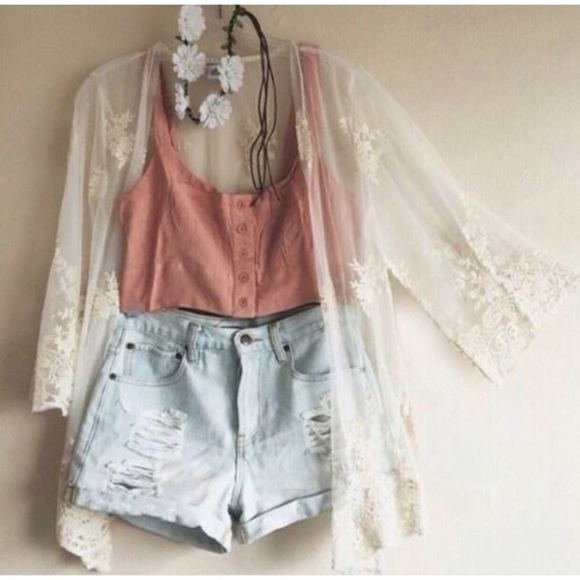 Tops - Ivory Lace Embroidered Kimono