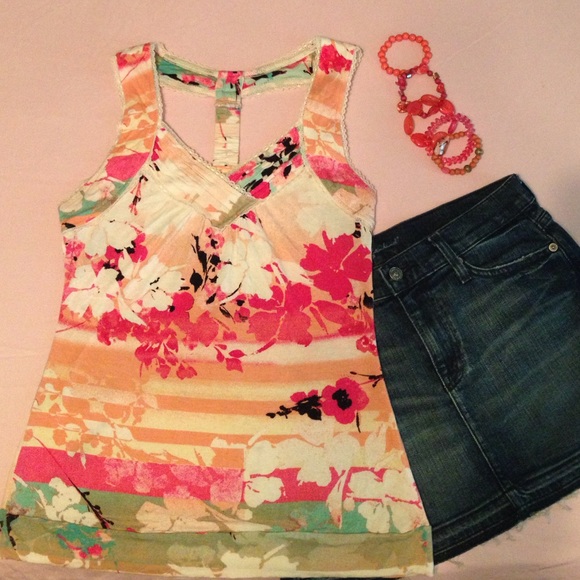 American Rag Tops - Cutout Caged Floral Lace Tank Top