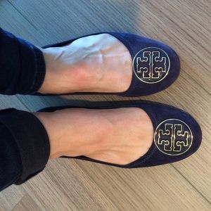 Tory burch blue and gold suede reva ballet flats