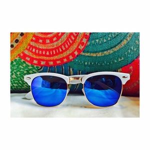 White Clubmasters w. Blue Mirror Lenses