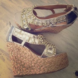 Jeweled straw wedge sandals