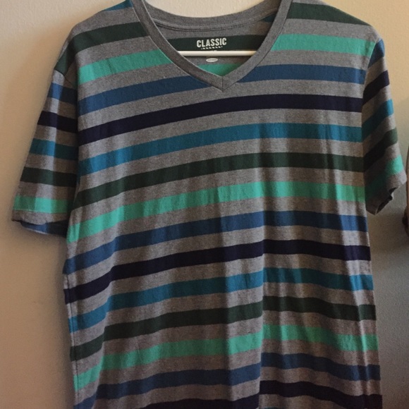 grey blue and green striped v neck t shirt (nwot)
