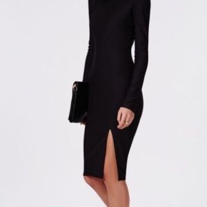 High Neck Side Split Black Midi Dress