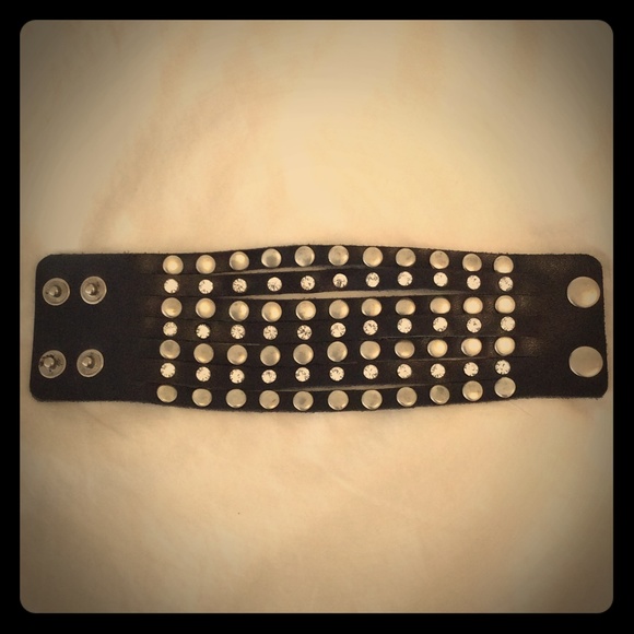 Leather cuff bracelet with studs and rhinestones